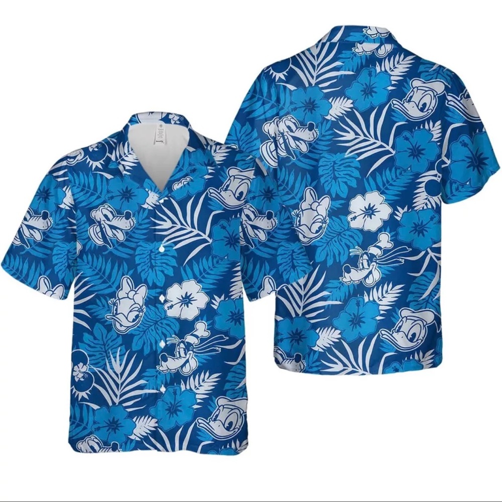 Disney Blue Button Down Shirt with Tropical Print